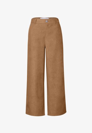 Pantalons larges marron en tissu doux semblable à du daim. Dotés d'une fermeture à bouton à l'avant et de détails subtils sur les côtés.