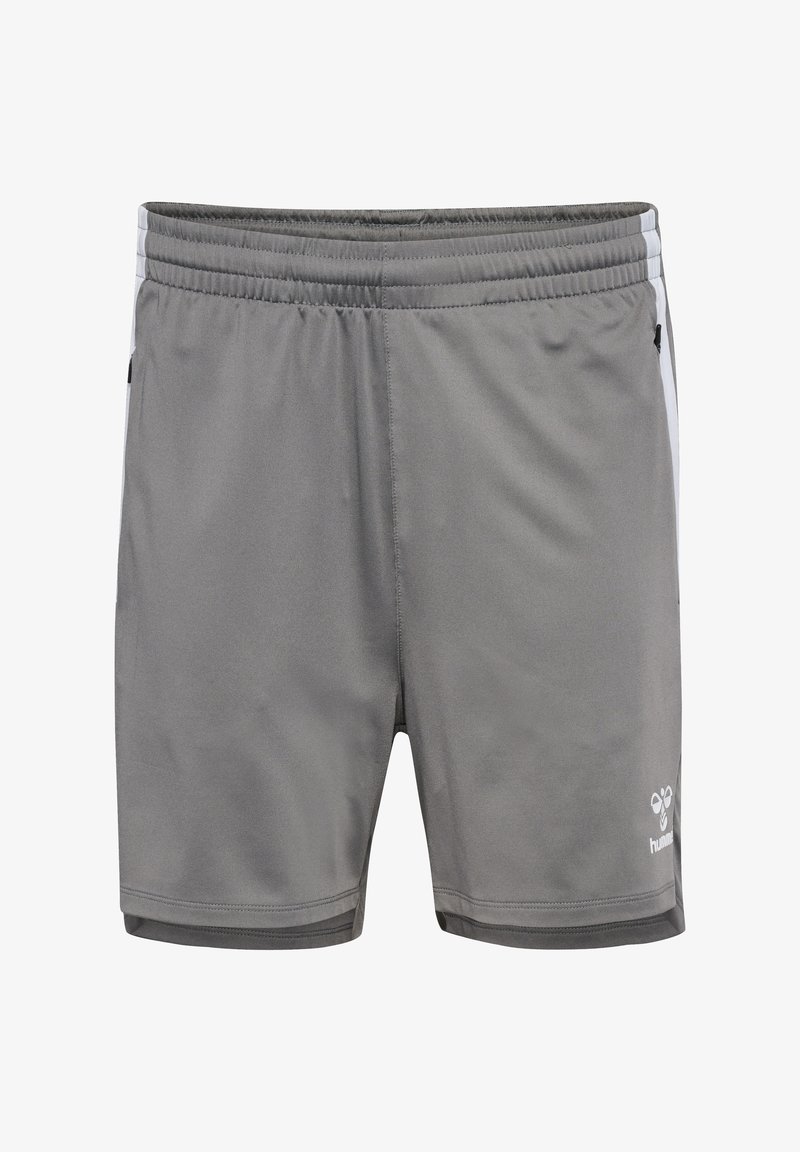 Shorts sportivi grigi con una cintura elastica, tasche laterali e strisce bianche a contrasto. Realizzati in tessuto leggero e traspirante.