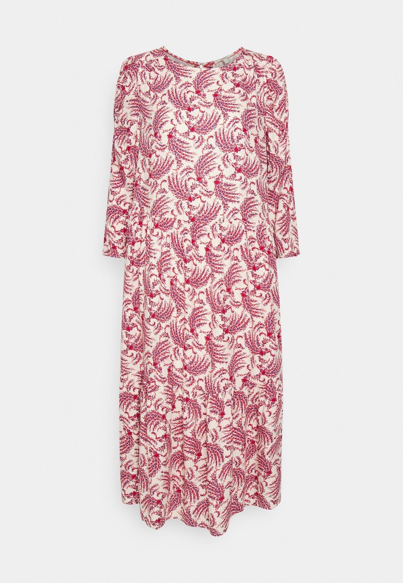 Robe midi à manches longues avec un motif floral de fougère rose et violet sur fond blanc, encolure ronde et coupe ample.
