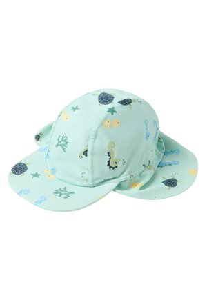 Lysegrøn børnesolhat med bred skygge og nakkestykke, dekoreret med havskildpadder, fisk, søheste, søstjerner og koralmønstre.