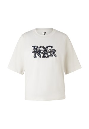 Witte T-shirt met korte mouwen, gemaakt van zachte stof, met een donkerblauwe grafische print van bladeren en vetgedrukte tekst op de voorkant.