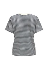 Gestreiftes T-Shirt in Marineblau und Weiß, mit kurzen Ärmeln, rundem Halsausschnitt und lockerer Passform. Aus leichtem Stoff gefertigt. Rückansicht gezeigt.