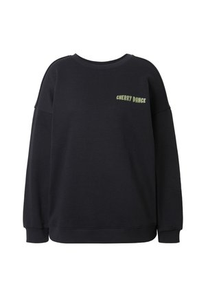 Sudadera negra de corte holgado, con cuello acanalado y mangas con puño. Presenta el texto "CHERRY DANCE" en verde en la parte delantera. Textura de tela suave.