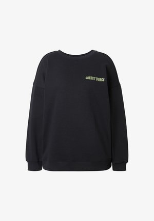 Black sweatshirt with a loose fit, ribbed neckline, and cuffed sleeves. Features "CHERRY DANCE" in green text on the front. Soft fabric texture.