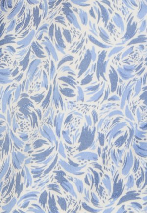 Lightweight fabric with a blue floral pattern on a white background, featuring swirling shapes and fine details throughout the design.