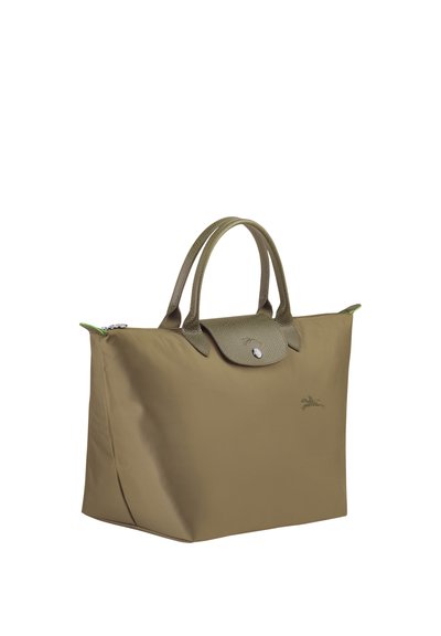 Khaki nylon tote bag with textured green handles, a snap closure, and an embossed logo. Rectangular shape with a smooth, water-resistant finish.