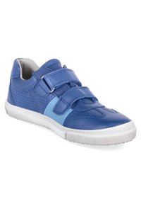 Blaue Leder-Sneaker mit durchlochten Design, zwei Klettverschlussriemen, weißer Gummisohle und kontrastierenden hellblauen Akzenten.