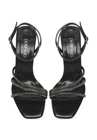 Black high-heeled sandals with a square toe design, featuring glossy material, multiple straps, and silver-toned embellishments.