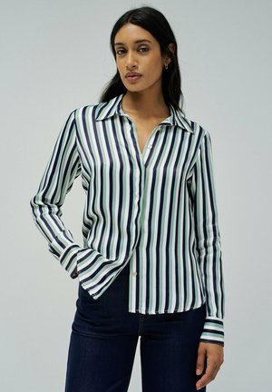 Camisa de manga larga con botones, que presenta rayas verticales en azul marino y verde menta, con un cuello clásico y una textura suave y lisa.