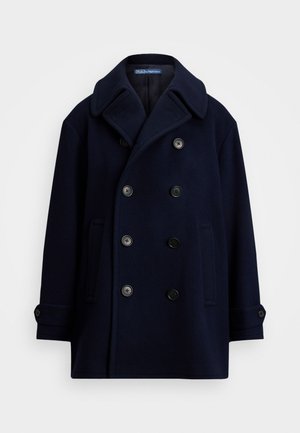 Navy wool peacoat featuring a double-breasted design, large lapels, six black buttons, and two side pockets. Smooth texture.