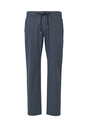 Marineblauwe geruite broek van lichtgewicht stof, met een elastische tailleband met een trekkoord en twee zijzakken.