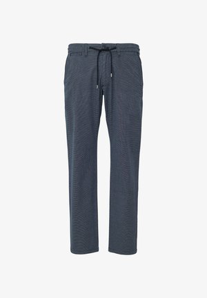 Marineblau karierte Hose aus leichtem Stoff, mit elastischem Bund und Kordelzug sowie zwei Seitentaschen.