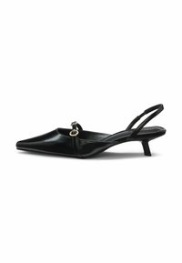 Black patent leather slingback shoe with pointed toe, small heel, and a decorative buckle accent on the strap. Smooth, shiny texture.
