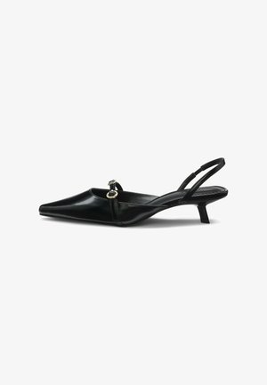 Black patent leather slingback shoe with pointed toe, small heel, and a decorative buckle accent on the strap. Smooth, shiny texture.
