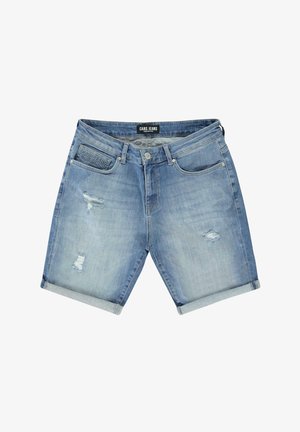 Lichtblauwe denim shorts met opgerolde boorden, verweerde details en een logopatch op de tailleband. Voorzien van voor- en achterzakken.