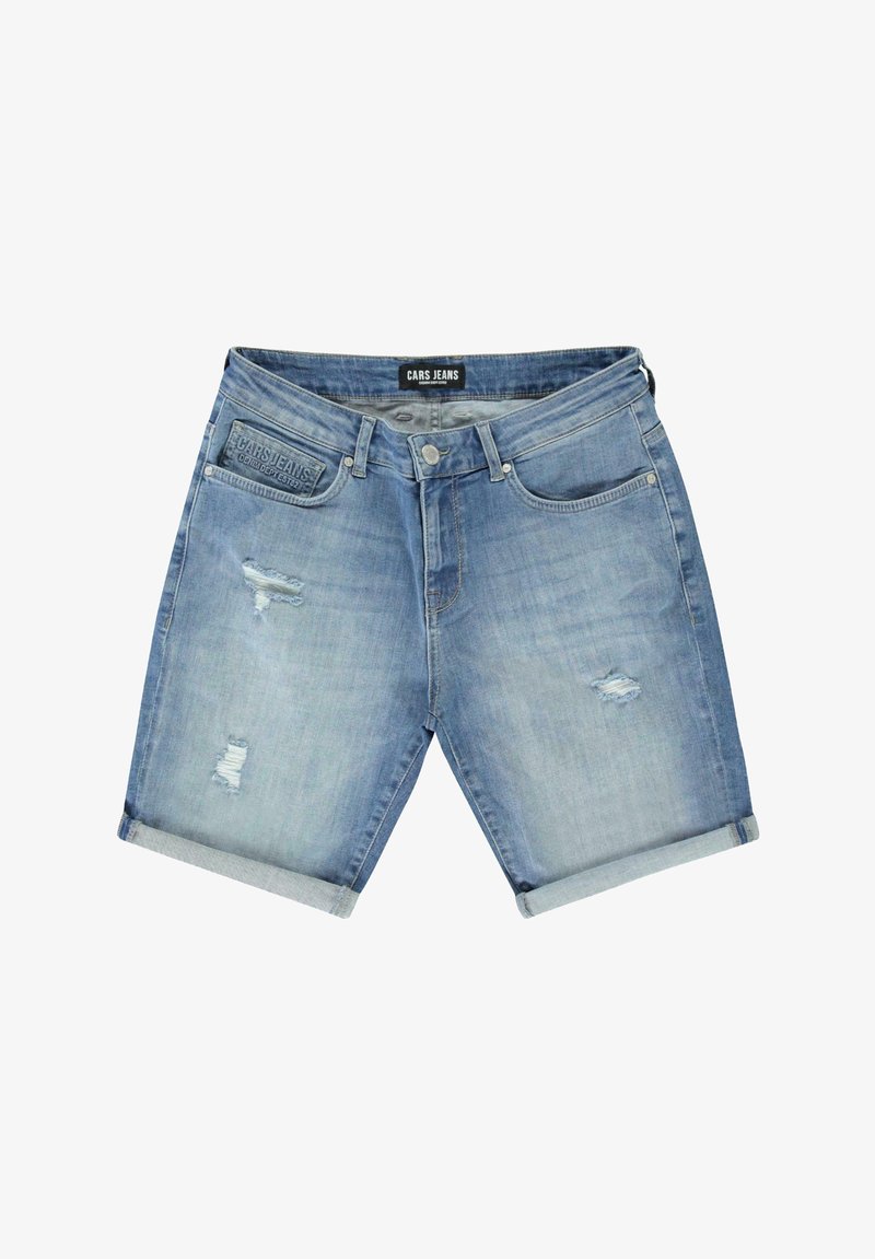 Lichtblauwe denim shorts met opgerolde boorden, verweerde details en een logopatch op de tailleband. Voorzien van voor- en achterzakken.