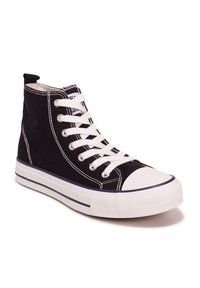 Zapatilla deportiva alta de lona negra con cordones blancos y puntera de goma. Presenta costuras en contraste y un acolchado en el cuello. Suela media blanca con franja azul.