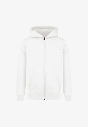 Hvid zip-up hoodie i blødt stof, med en frontlomme, ribbede manchetter og hætte. Lille mærkedetalje på brystet.