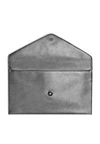 Metallic silver envelope-style pouch with a rounded top, snap closure, and smooth texture. Simple design with no additional patterns or accents.