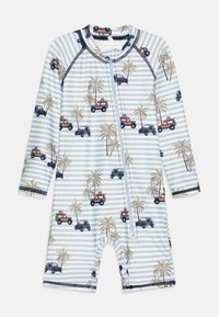 Langermet rash guard i lyseblå med hvite striper, med trykk av palmer og kjøretøyer, glidelås foran og svarte detaljer.
