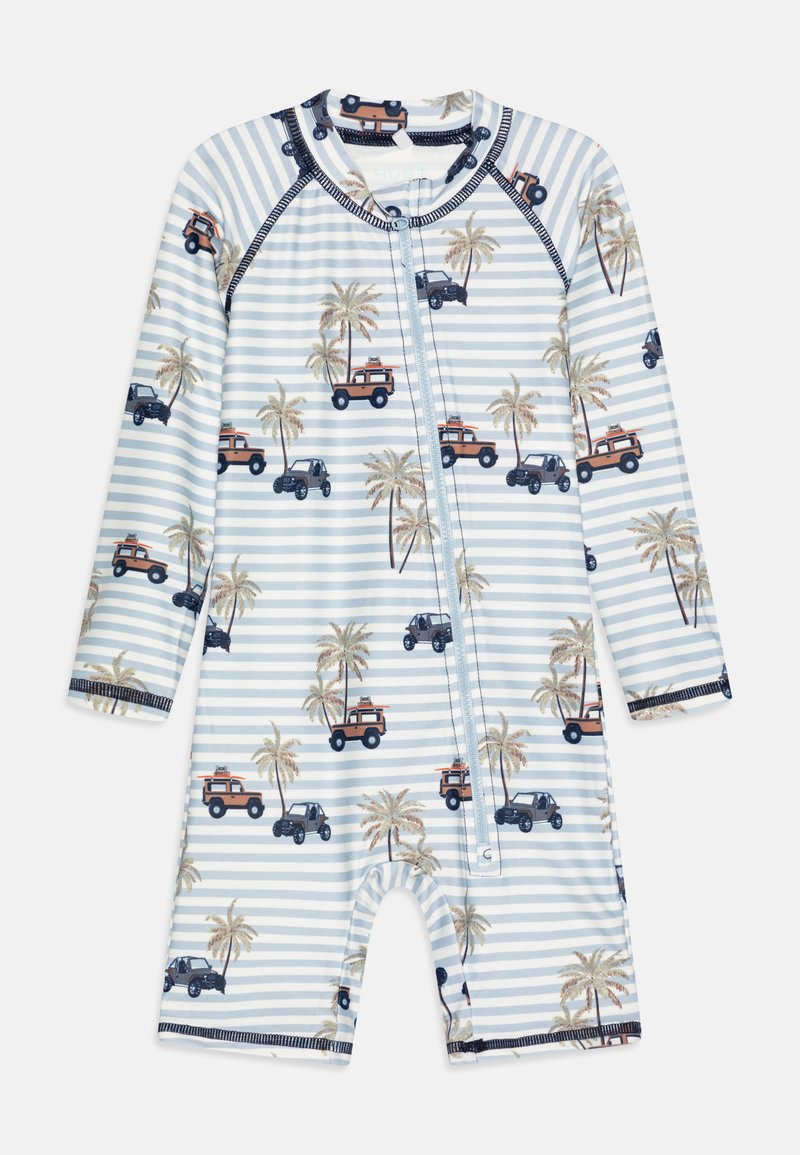 Gaiša zila garām piedurknēm izturīgā blūze ar baltām svītrām, ar palmu un transportlīdzekļu motīviem, priekšējais rāvējslēdzis un melna apdare.