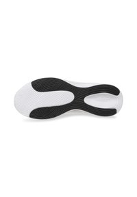 Semelle de chaussure avec une semelle extérieure en caoutchouc noir présentant un motif en vagues et une semelle intermédiaire blanche. Design courbé avec une finition lisse et une semelle texturée.