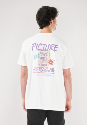 White cotton t-shirt featuring a colorful graphic on the back, text includes "PICTURE," a sun icon, and sun protection guidelines.