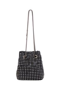 Borsa a secchiello nera con superficie testurizzata decorata con embellishments metallici circolari e una sottile tracolla a catena.
