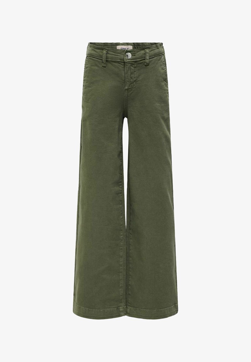 Maslinasto zelene široke hlače od pamuka. Imaju zatvaranje na dugme, prednje džepove i glatku teksturu s kontrastnim šavovima.