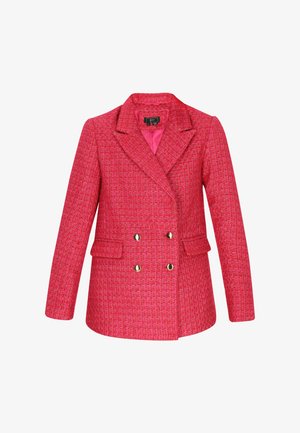 Dvojřadový růžový blazer vyrobený z texturovaného materiálu, který má dvě přední kapsy a knoflíky ve zlatém tónu. Podšitý hladkým růžovým materiálem.