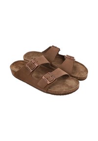 Bruine suède sandalen met twee verstelbare banden, een kurken voetbed en een platte rubberen zool. Voorzien van metalen gespen voor een veilige pasvorm.