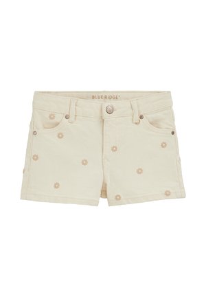 Beige denimshorts med små brune broderede blomster, frontknap, bæltestropper og fem-lommer design af Blue Ridge.