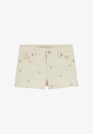 Beežidest teksapüksid, mille peal on väikesed pruunid tikitud lilled, ees nööp, vöölukud ja viie taskuga disain, autoriks Blue Ridge.