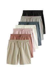 Conjunto de siete pares de pantalones cortos en varios colores: negro, gris, azul verdoso, crema, rosa, óxido y beige. Presentan una cinturilla elástica y cordón ajustable.