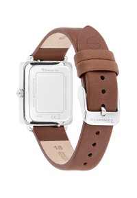 Brauner Lederarmbanduhr mit rechteckigem Gehäuse aus Edelstahl, weißem Ziffernblatt und einfachem, klaren Design. Wasserdicht, Rückseite aus Edelstahl.