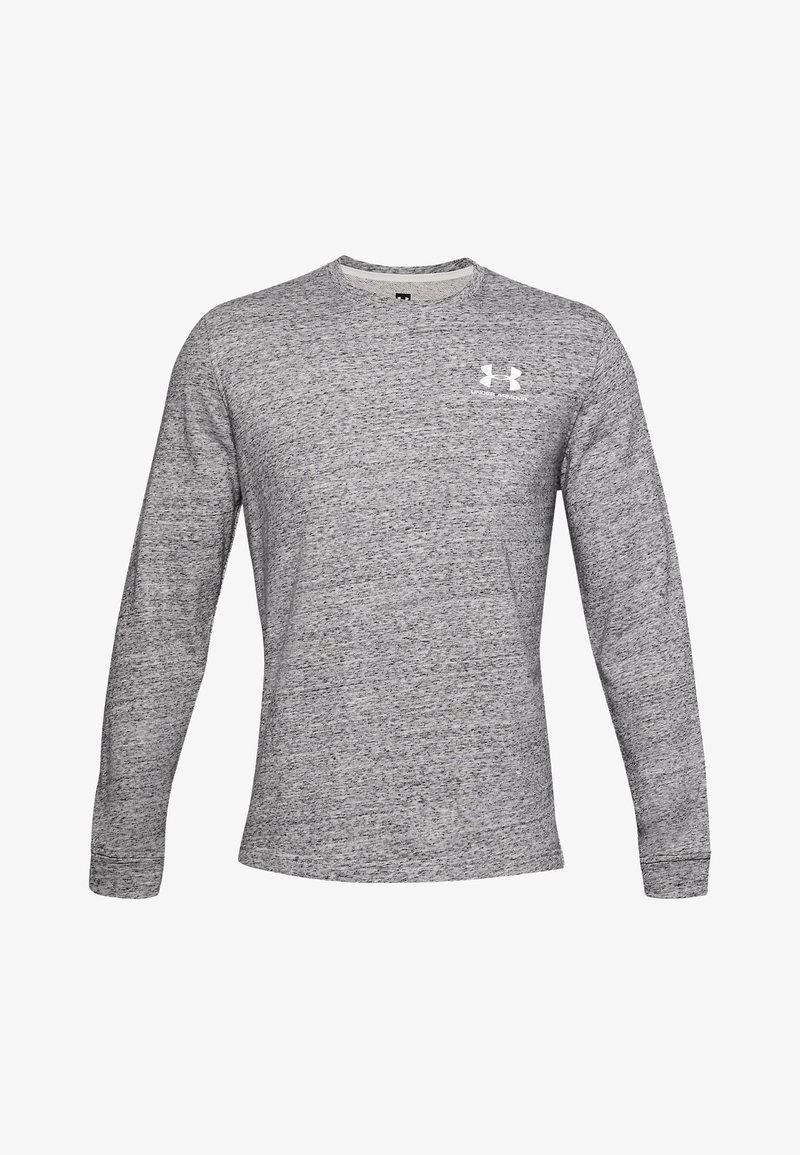 Grau langärmliges Shirt aus strukturiertem Stoff, mit Rundhalsausschnitt und weißem Logo auf der linken oberen Brust.