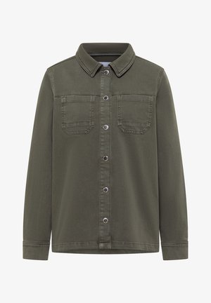 Olivgrüne Jeansjacke mit Knopfleiste, zwei Brustklappentaschen, langen Ärmeln und klassischem Kragen.