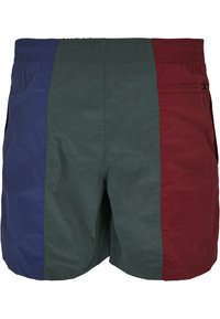 Uszónadrág vegyes színű dizájnnal, amely haditengerészeti kék, zöld és burgundi panelekből áll, könnyű anyagból készült, hátul zseb található.