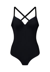 Costume intero nero con scollatura a U, spalline incrociate e superficie liscia, progettato per una forma aderente. Senza motivi né dettagli.