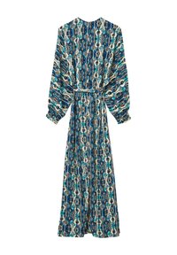 Maxikleid in lebhaftem Blau mit komplizierten Mustern und langen Ärmeln, tailliert mit einem passenden Bindegürtel.