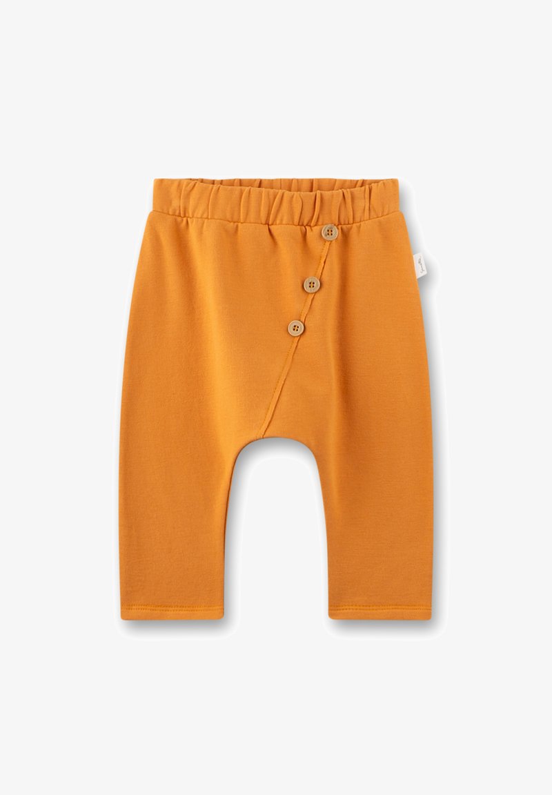 Orange Baumwollbabyhose mit elastischem Bund und drei Holzknöpfen auf der Vorderseite, lockere Passform und verkürzte Länge.