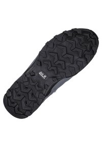 Sohle eines schwarzen Wanderschuhs mit tiefen, kantigen Profilmustern und dem "Jack Wolfskin"-Logo in der Mitte.