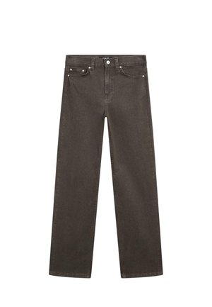 Jeans in denim marrone con design a gamba dritta, cinque tasche e dettagli in metallo. Tessuto liscio con sottili dettagli di cucitura.