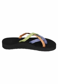 Black flip-flop featuring textured sole, multi-colored straps in orange, green, and purple; flat design suitable for casual wear.
