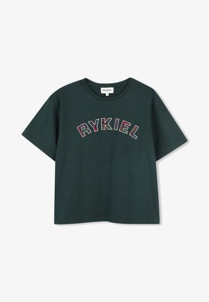 T-shirt in cotone verde con scollo rotondo e maniche corte, caratterizzata da un testo ricamato colorato "RYKIEL" sulla parte anteriore.