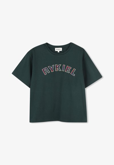 Groene katoenen T-shirt met een ronde hals en korte mouwen, voorzien van kleurrijke geborduurde tekst "RYKIEL" over de voorkant.