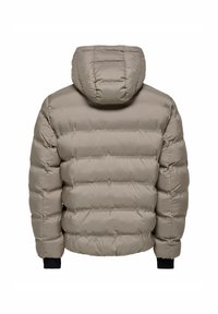 Giacca a vento in beige chiaro con cappuccio, caratterizzata da sezioni trapuntate orizzontali e polsini a coste neri. Texture liscia, design isolante.