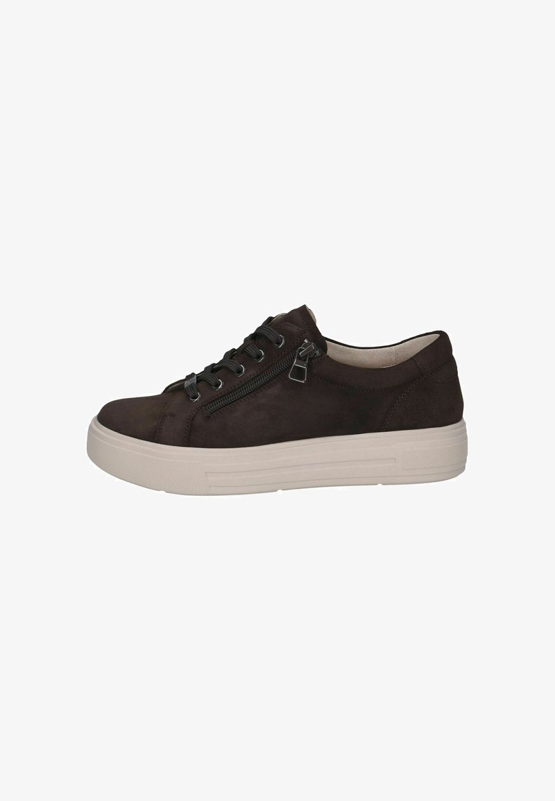Baskets décontractées marron foncé avec lacets noirs, fermeture éclair latérale et semelle blanche épaisse pour un confort et un maintien accrus.