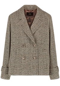 Braun- und beige-kariertes, doppelt brüstiges Jackett mit Reverskragen, strukturiertem Stoff und goldfarbenen Knöpfen. Lange Ärmel mit Manschettendetails.