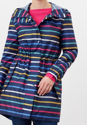 Kvinde iført en mørkeblå regnfrakke med farverige horisontale striber, elastisk talje, trykknapper og lynlåslommer i siden over en lyserød sweater.